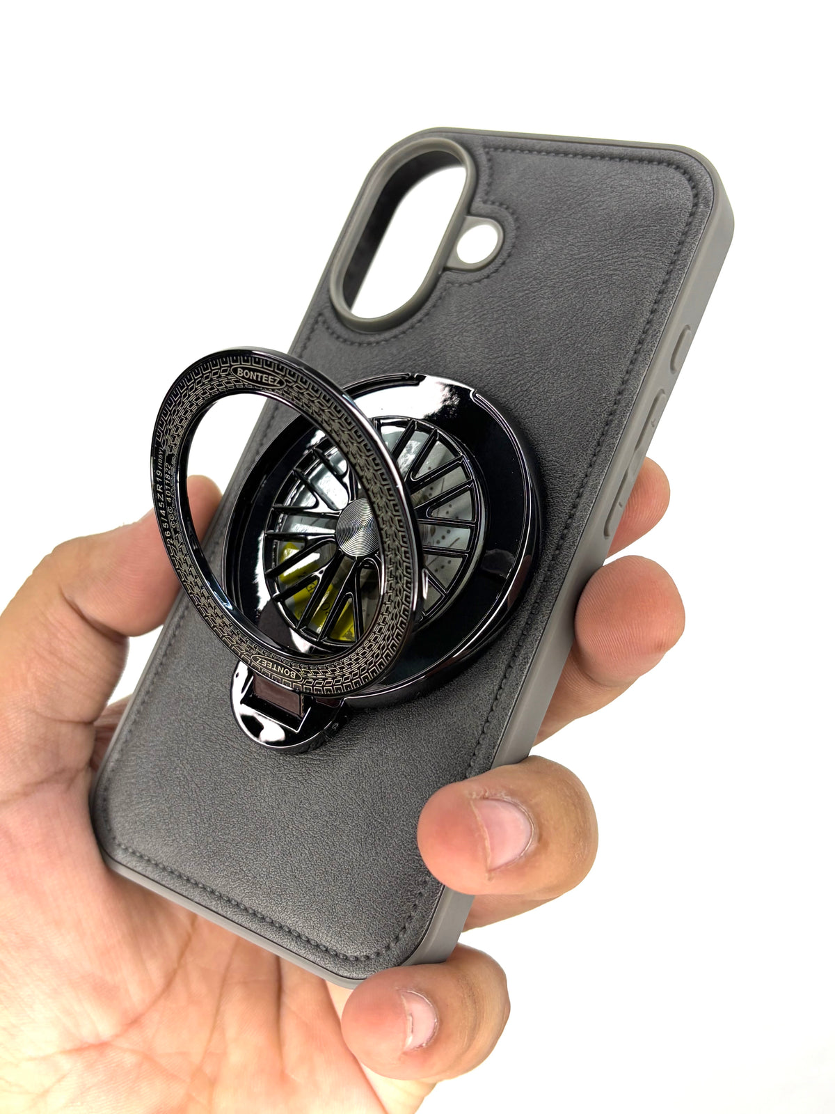 iPhone Leather Finish Case with Built-in Stand Spinner Wheel