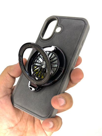 iPhone Leather Finish Case with Built-in Stand Spinner Wheel