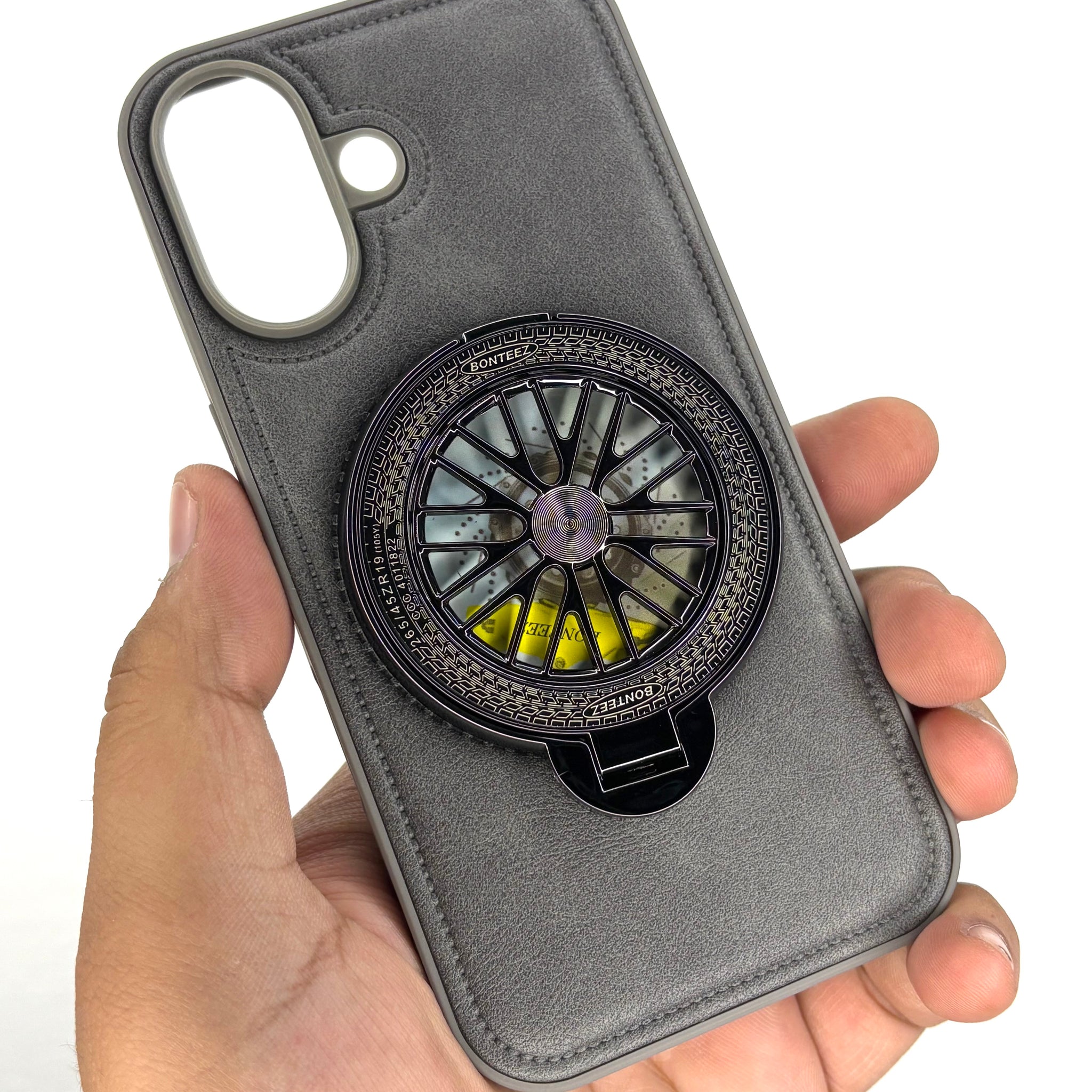 iPhone Leather Finish Case with Built-in Stand Spinner Wheel(Grey)