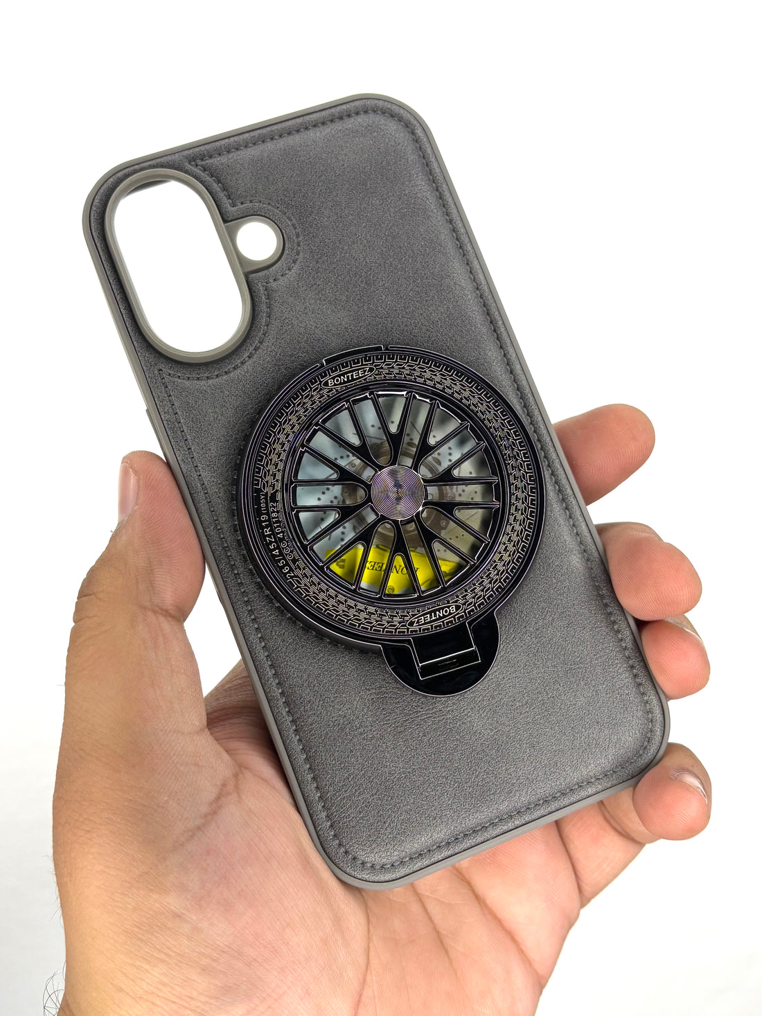 iPhone Leather Finish Case with Built-in Stand Spinner Wheel