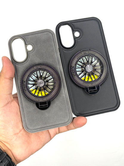 iPhone Leather Finish Case with Built-in Stand Spinner Wheel
