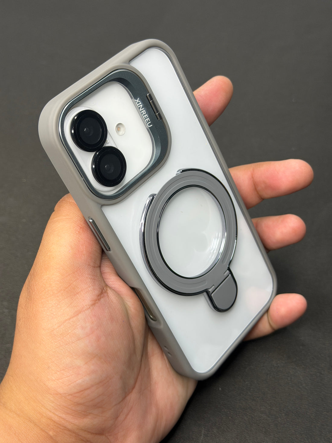 Magnetic Ring Holder iPhone Case with Max Shockproof and Camera Stand Lens Protection Shell (Grey)