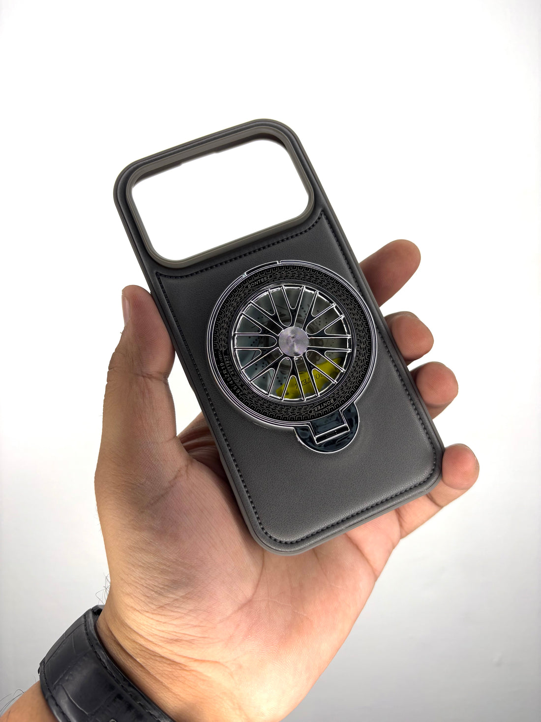 iPhone Leather Finish Case with Built-in Stand Spinner Wheel(Grey)