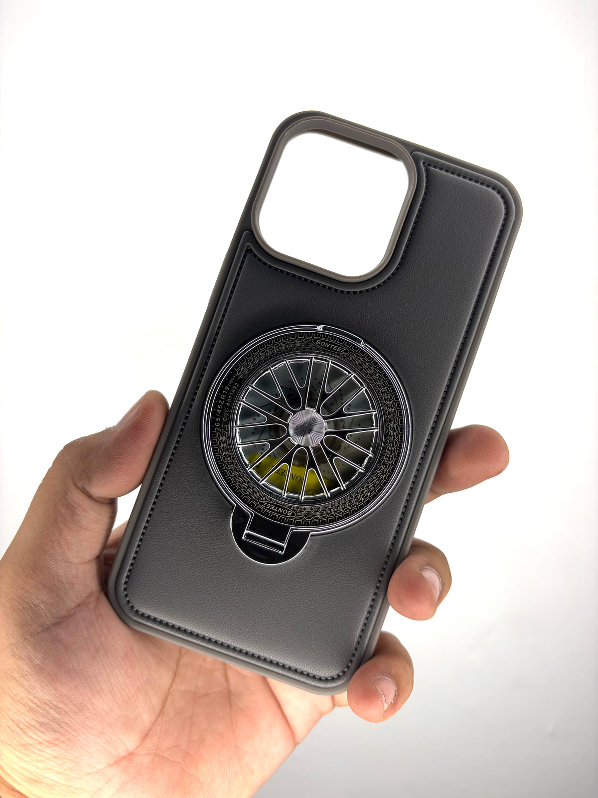 iPhone Leather Finish Case with Built-in Stand Spinner Wheel
