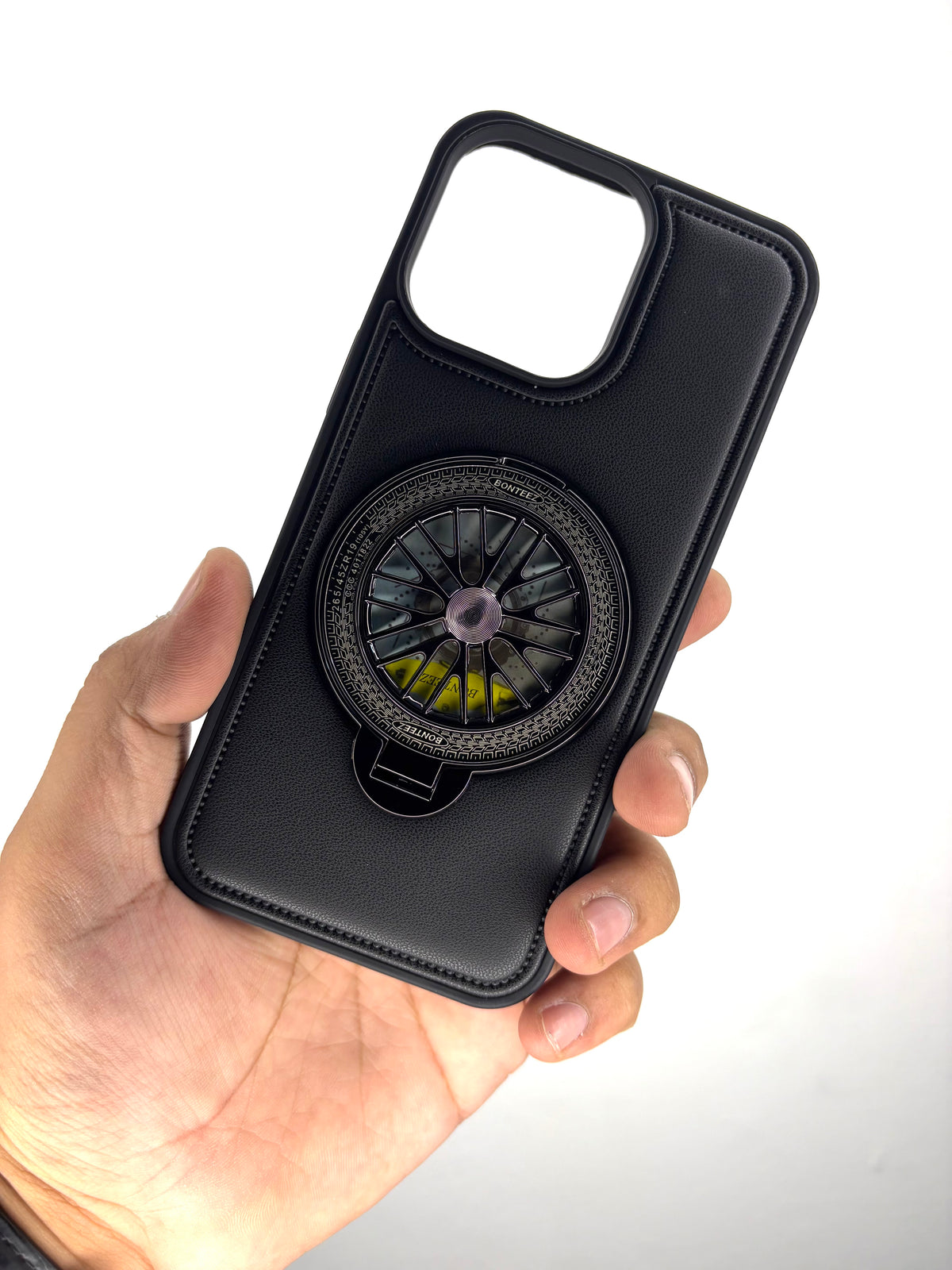 iPhone Leather Finish Case with Built-in Stand Spinner Wheel
