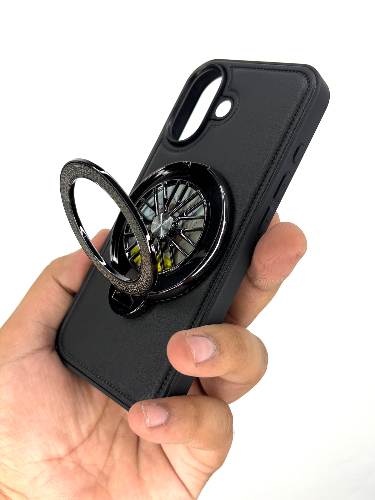iPhone Leather Finish Case with Built-in Stand Spinner Wheel