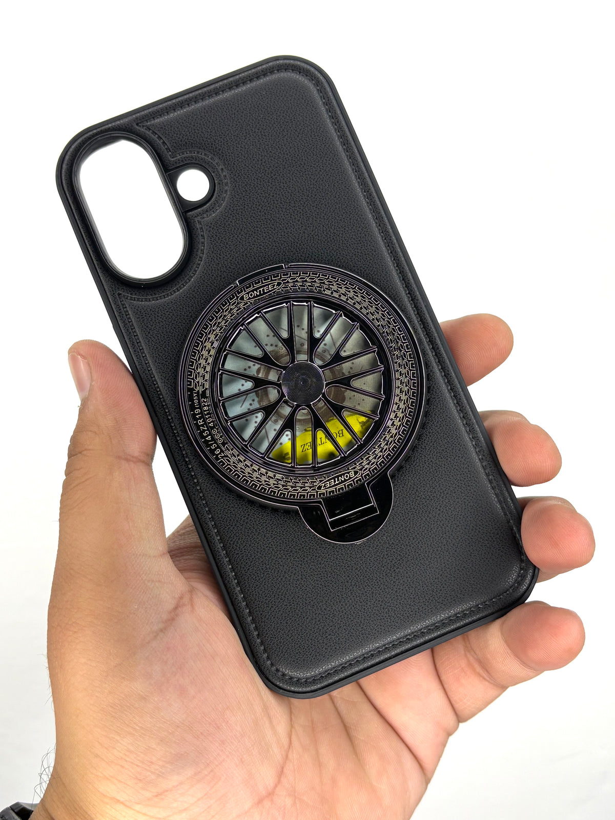 iPhone Leather Finish Case with Built-in Stand Spinner Wheel