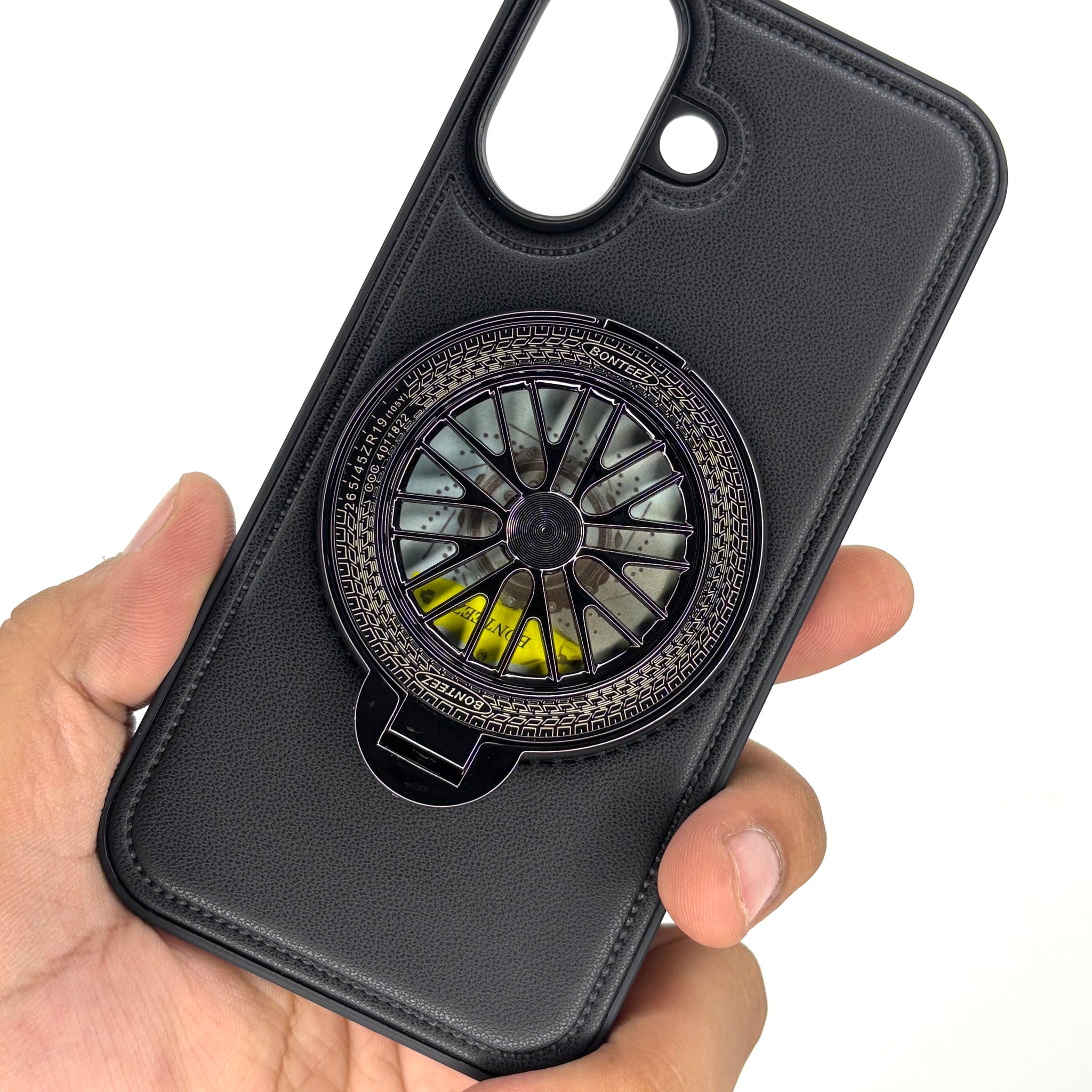 iPhone Leather Finish Case with Built-in Stand Spinner Wheel