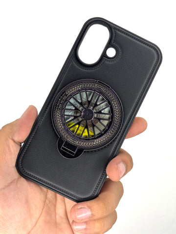 iPhone Leather Finish Case with Built-in Stand Spinner Wheel