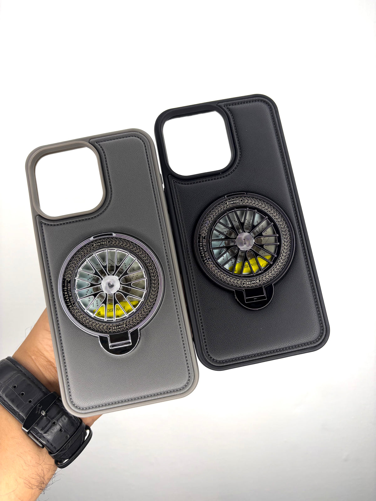 iPhone Leather Finish Case with Built-in Stand Spinner Wheel
